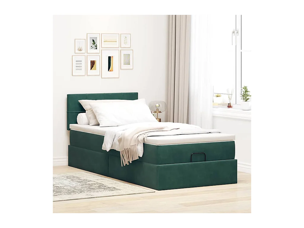 Lit ottoman avec matelas et LED Vert foncé 80x200cm velours