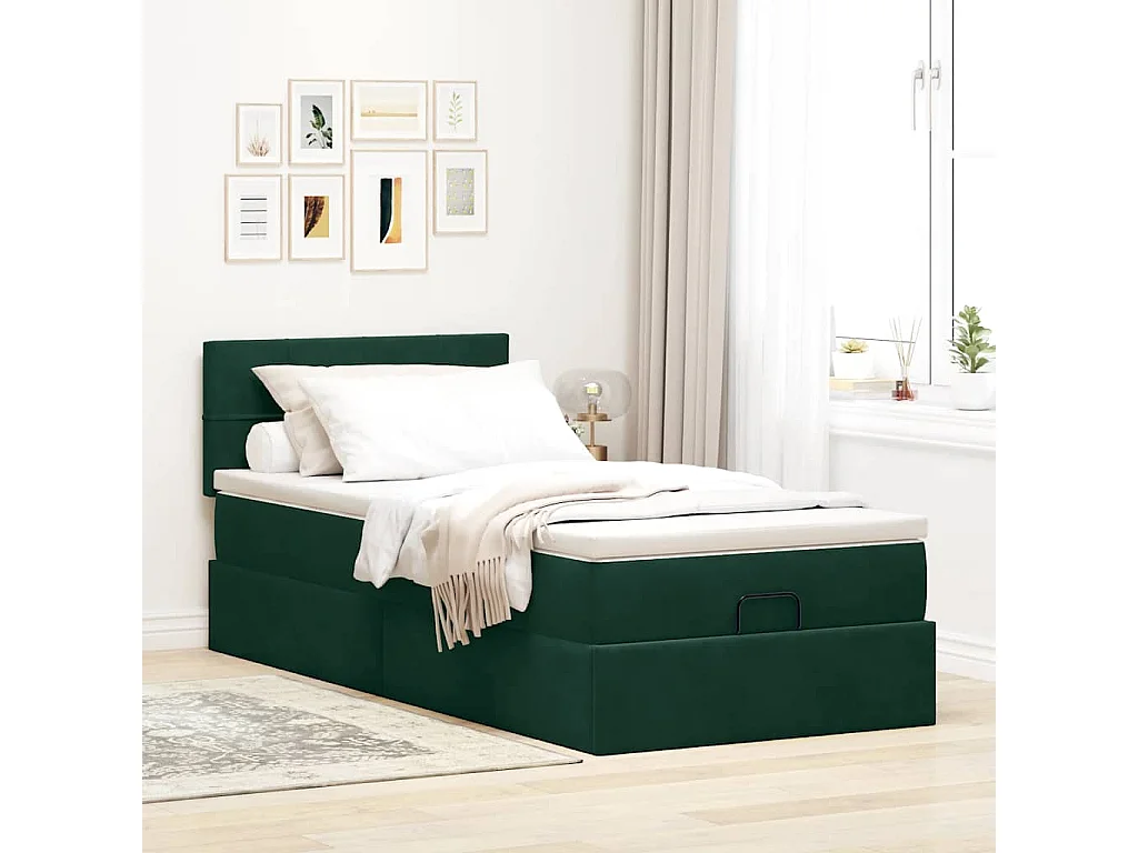 Lit ottoman avec matelas et LED Vert foncé 80x200cm velours