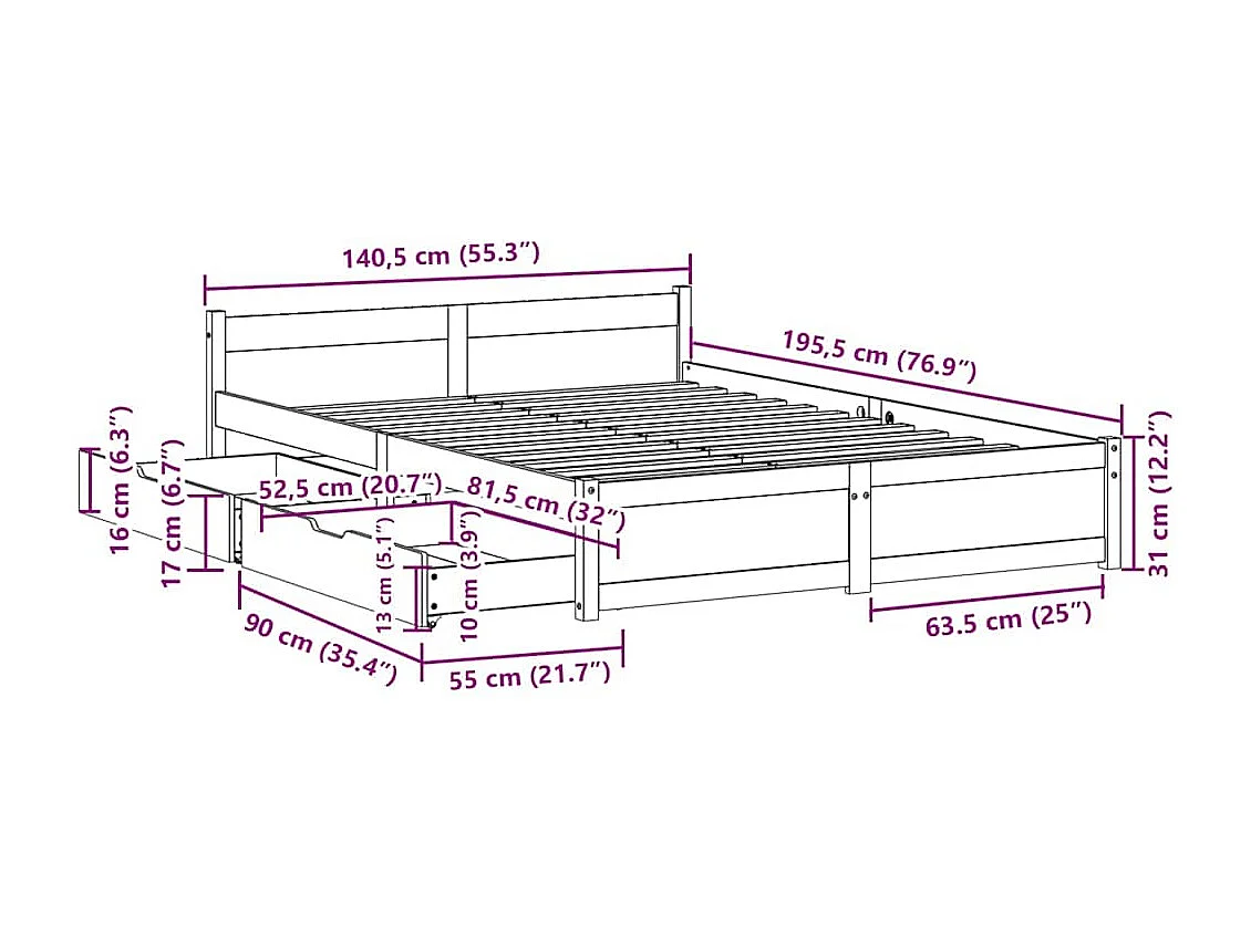 Cama sem colchão 135x190 cm madeira de pinho maciça