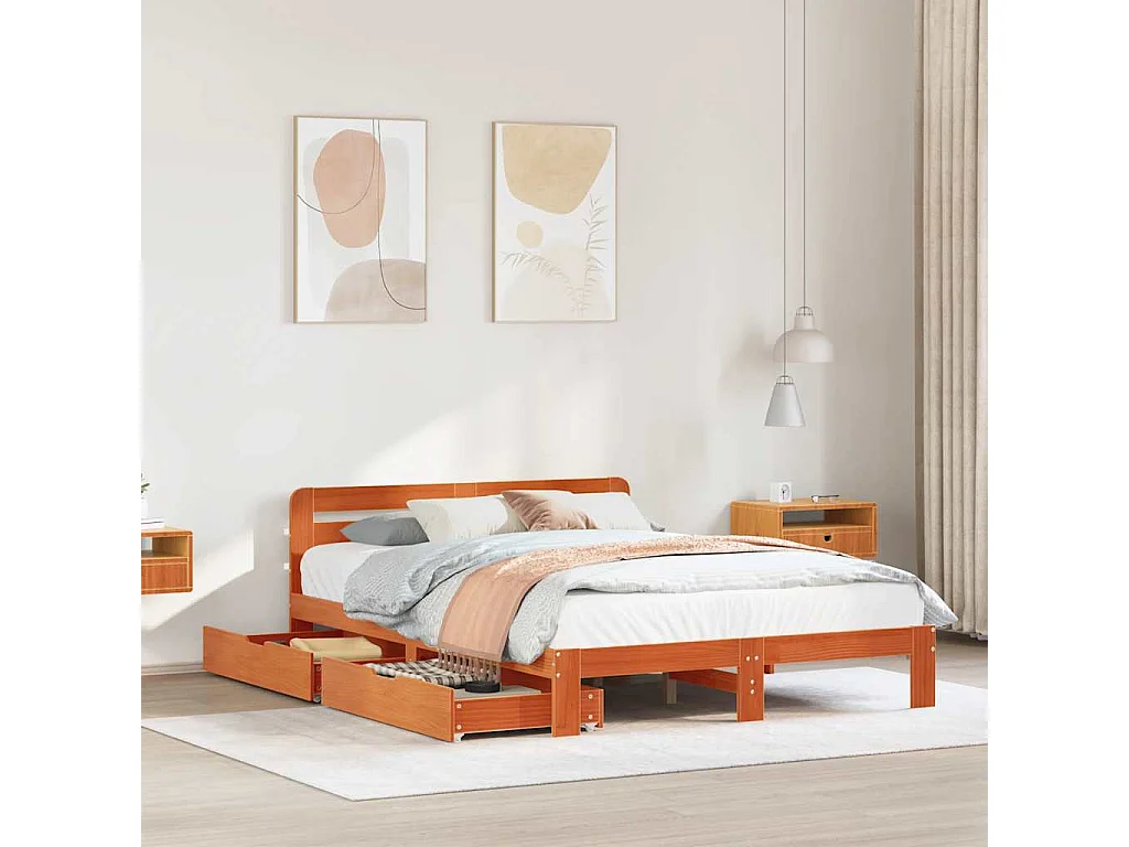 Cadre de lit sans matelas cire marron 135x190cm bois pin massif