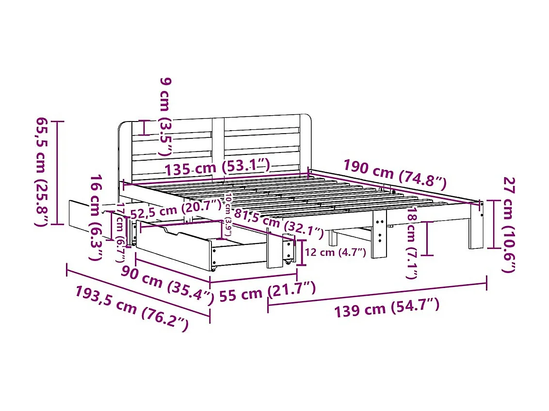Cadre de lit sans matelas cire marron 135x190cm bois pin massif