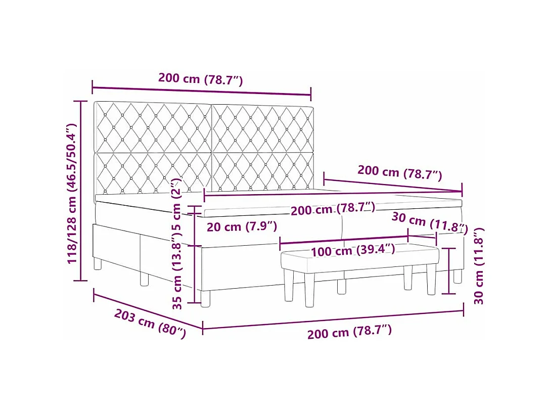Lit à ressorts avec matelas Gris foncé 200 x 200 cm Velours