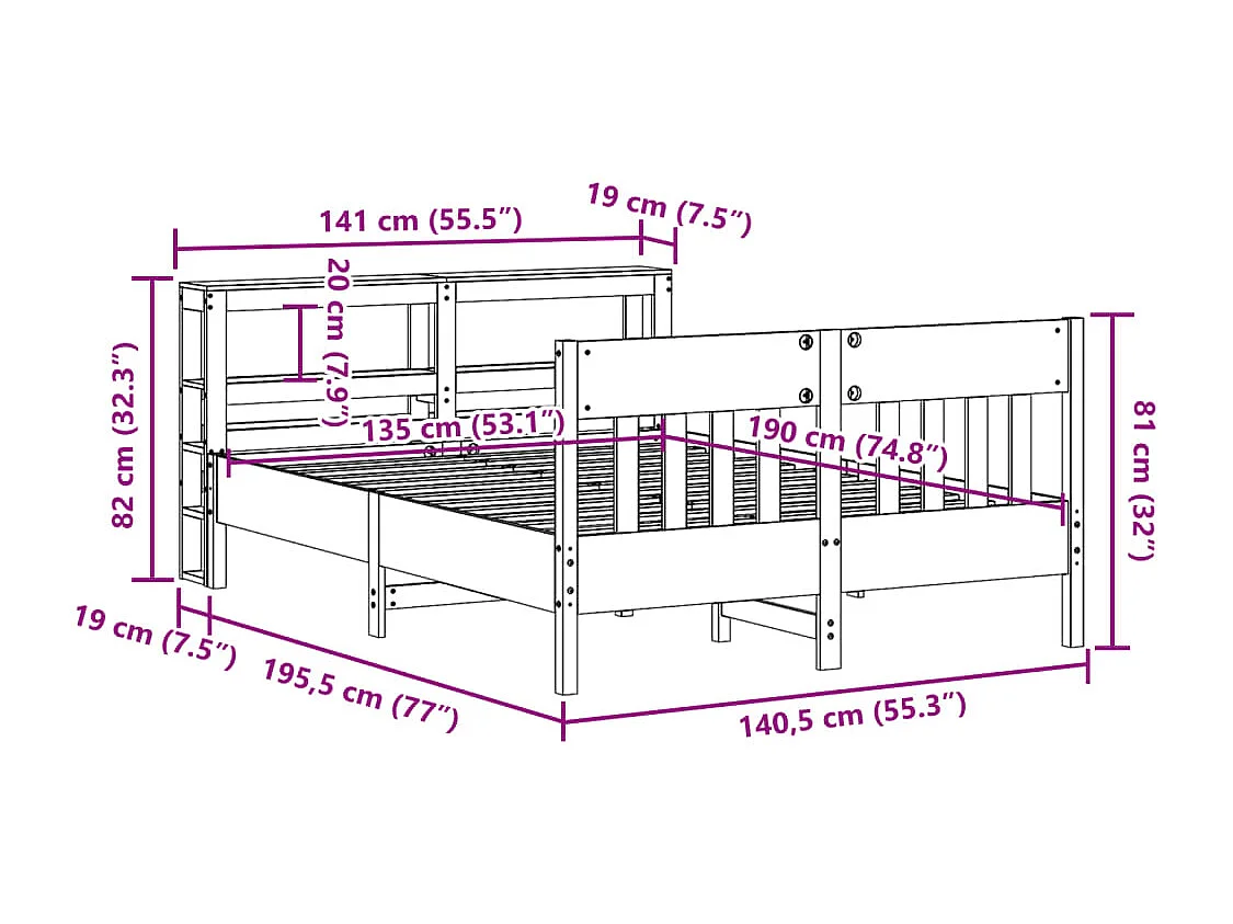 Cadre de lit sans matelas cire marron 135x190cm bois pin massif