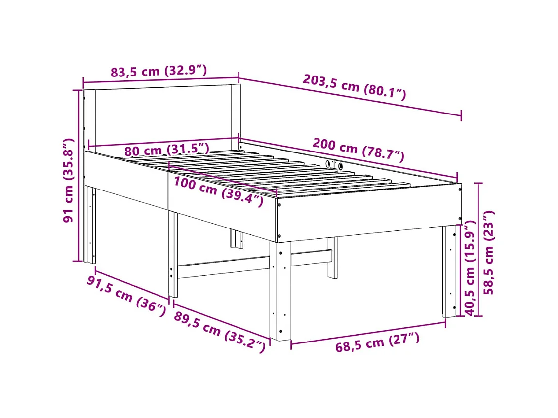 Cadre de lit sans matelas 80x200 cm bois massif de pin