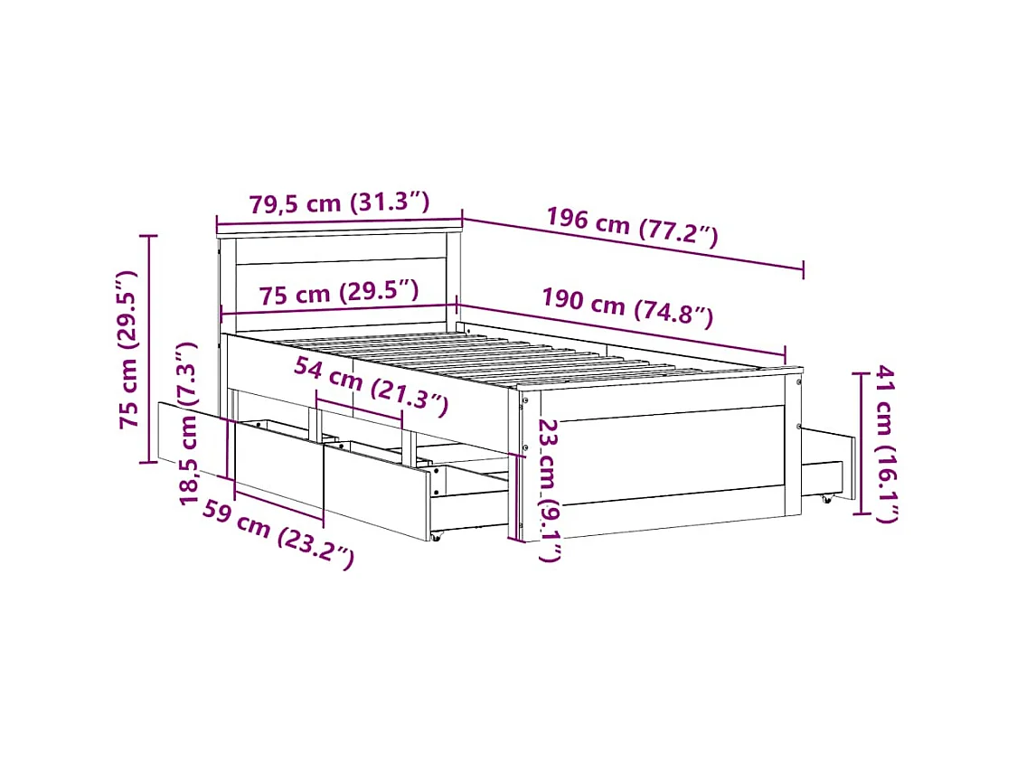 Cadre de lit sans matelas avec tête de lit 75x190 cm pin massif