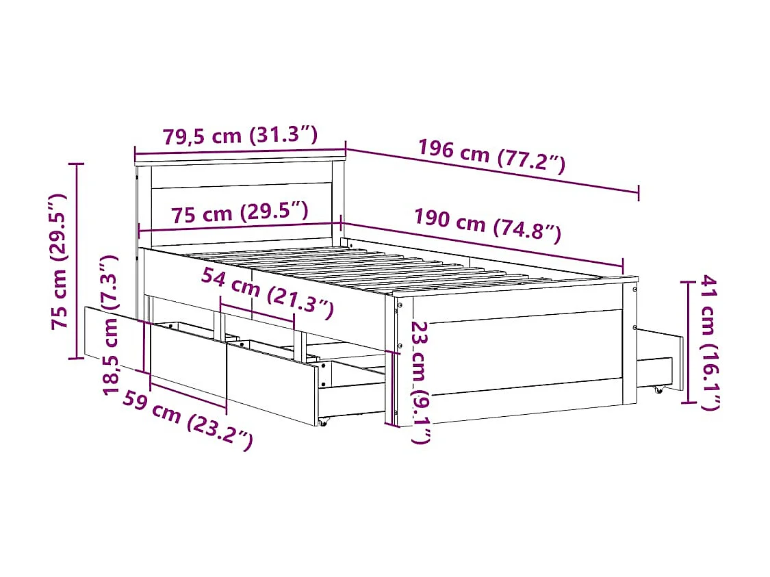 Massivholzbett ohne Matratze mit Kopfteil Weiß 75x190 cm