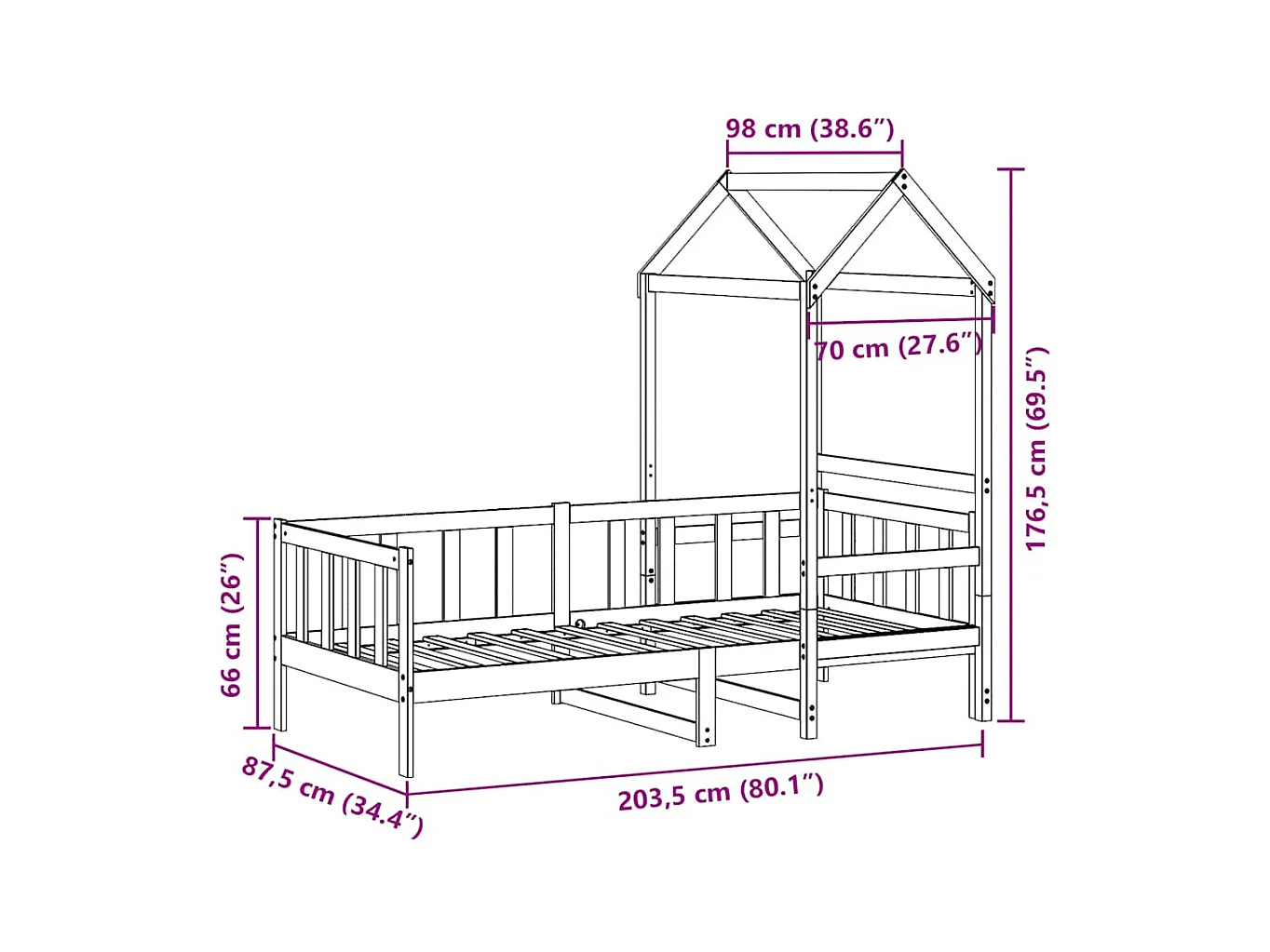 Slaapbank met bedhuis 80x200 cm massief grenenhout wit