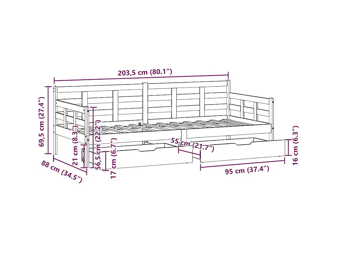 Lit de jour avec tiroirs sans matelas 80x200 cm bois massif