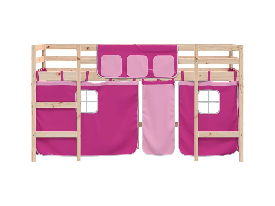Kinderhochbett mit Vorhängen Rosa 80x200 cm Massivholz Kiefer
