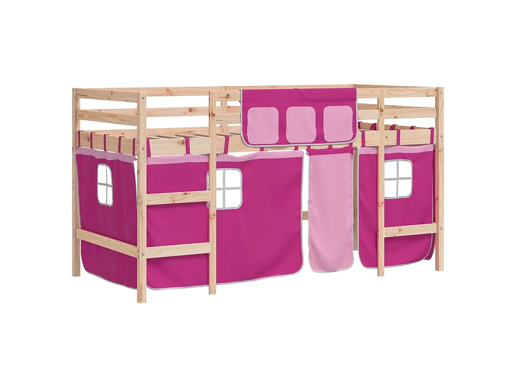 Kinderhoogslaper met gordijnen 80x200 cm grenenhout roze