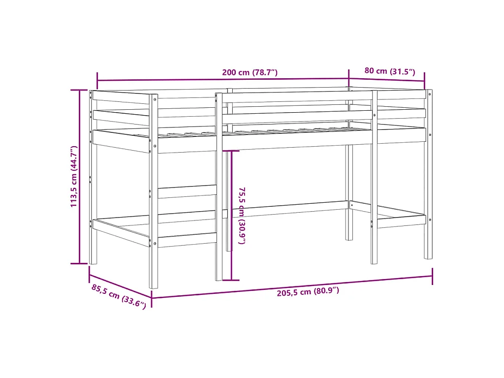 Kinderhoogslaper met gordijnen 80x200 cm grenenhout roze