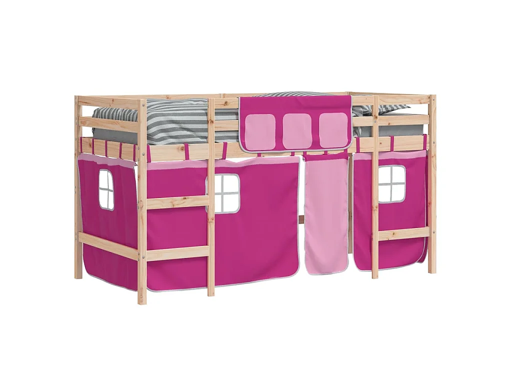 Kinderhoogslaper met gordijnen 80x200 cm grenenhout roze