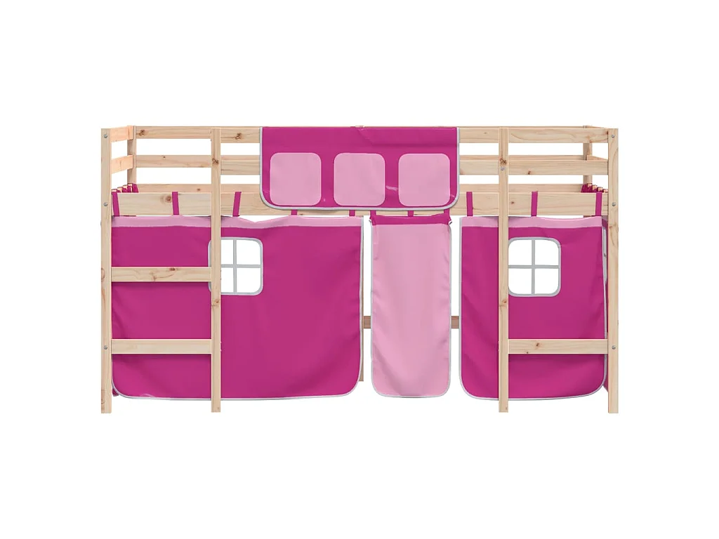 Kinderhoogslaper met gordijnen 80x200 cm grenenhout roze