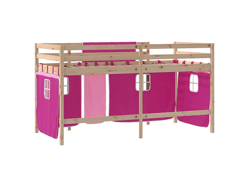 Kinderhoogslaper met gordijnen 80x200 cm grenenhout roze