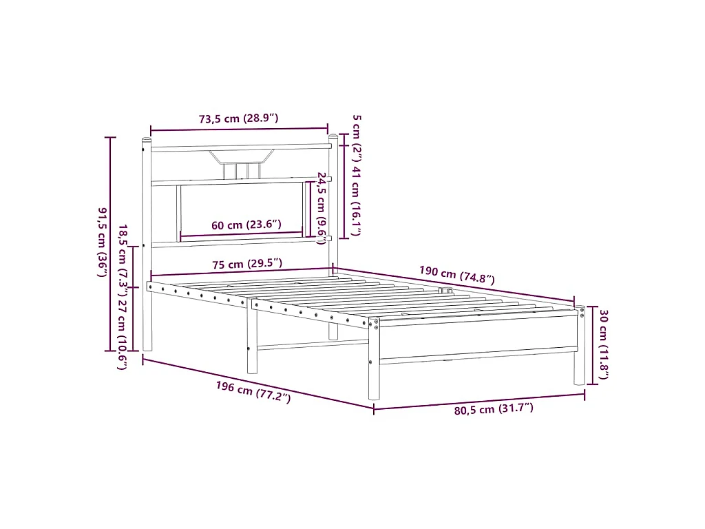 Cadre de lit sans matelas chêne marron 75x190cm bois ingénierie