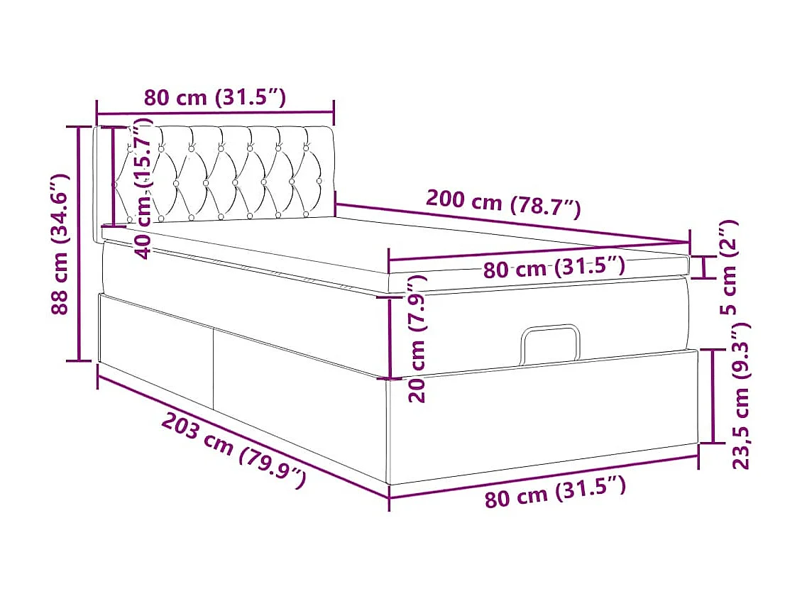 Cadre de lit ottoman avec matelas gris foncé 80x200 cm tissu