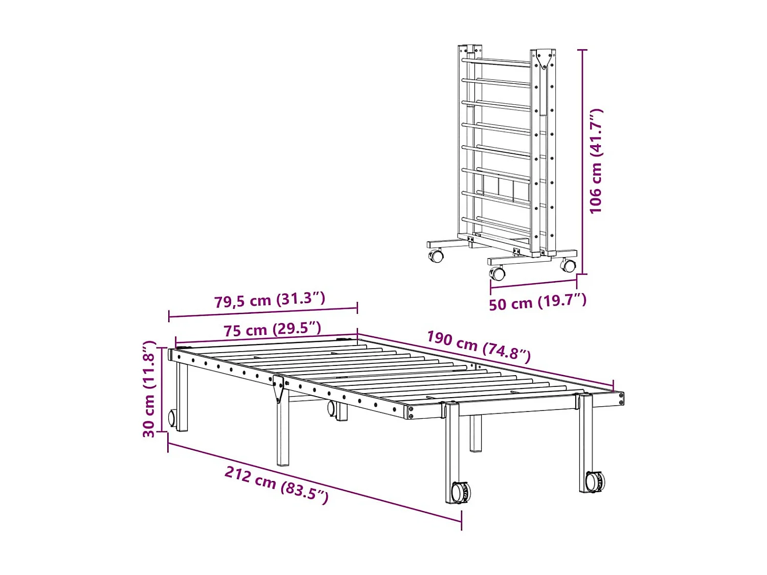 Cadre de lit sans matelas pliable blanc 75x190 cm acier