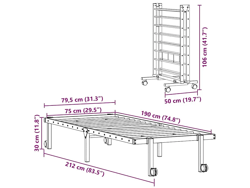 Bedframe zonder matras opvouwbaar 75x190 cm staal wit
