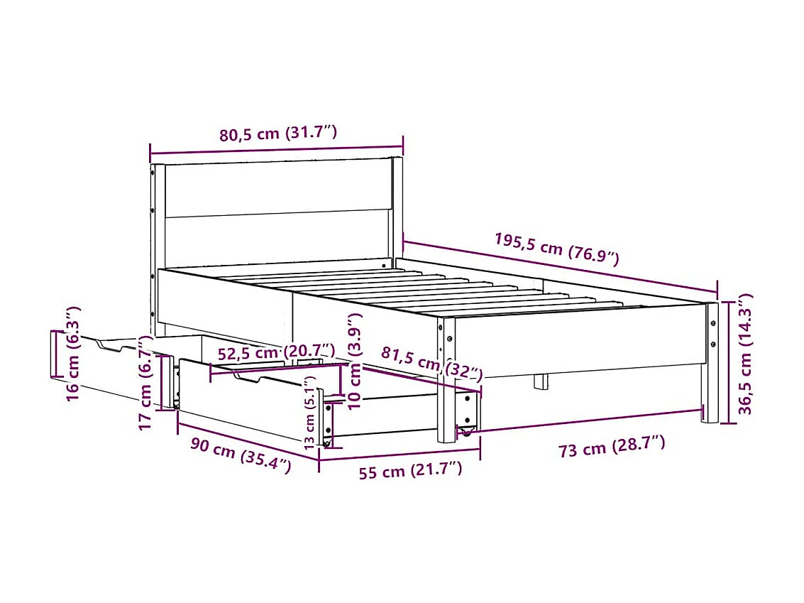 Bedframe zonder matras massief grenenhout 75x190 cm