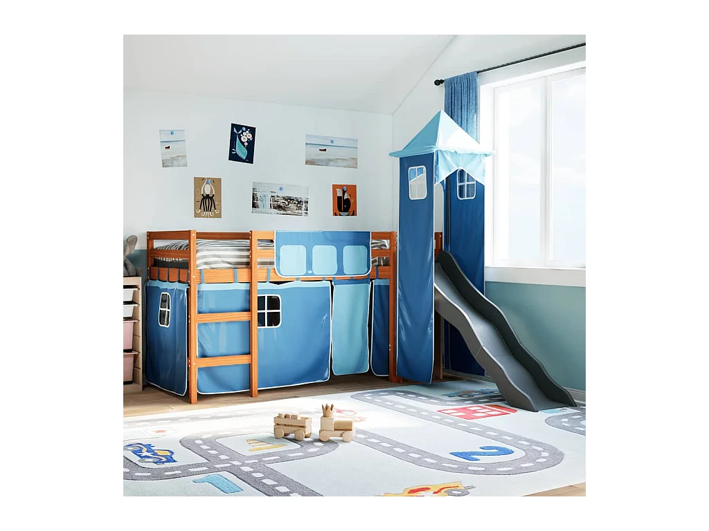 Lit mezzanine enfants avec tour bleu 80x200cm bois pin massif