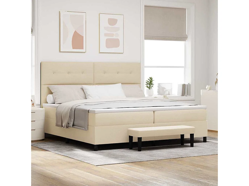 Letto a molle con testiera Crema 200 x 200 cm Tessuto