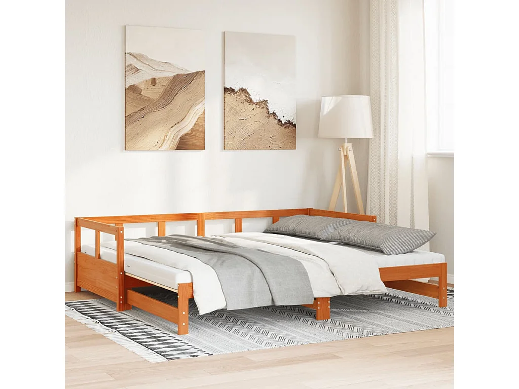 Slaapbank onderschuifbed matras 80x200 cm grenenhout wasbruin