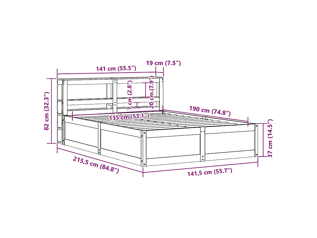 Estrutura cama c/ cabeceira 135x190cm pinho maciço castanho-mel