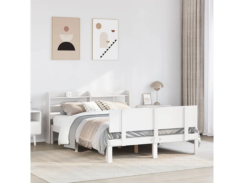 Bedframe met hoofdbord massief grenenhout wit 135x190 cm