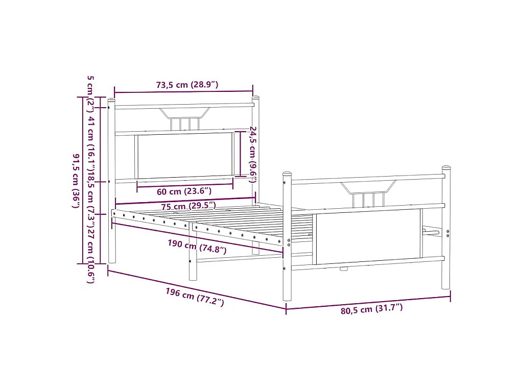 Cadre de lit sans matelas chêne fumé 75x190cm bois d'ingénierie
