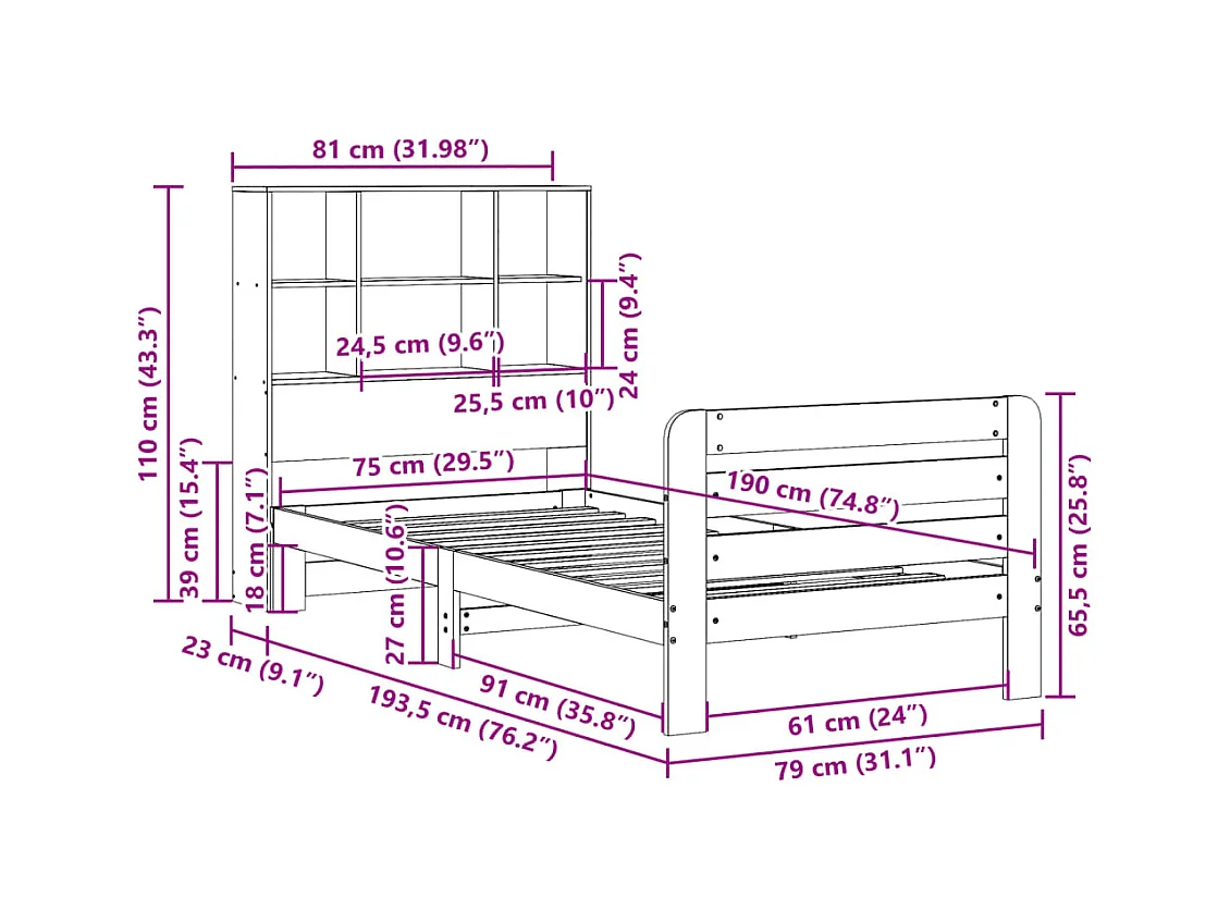 Cadre de lit sans matelas cire marron 75x190 cm bois pin massif