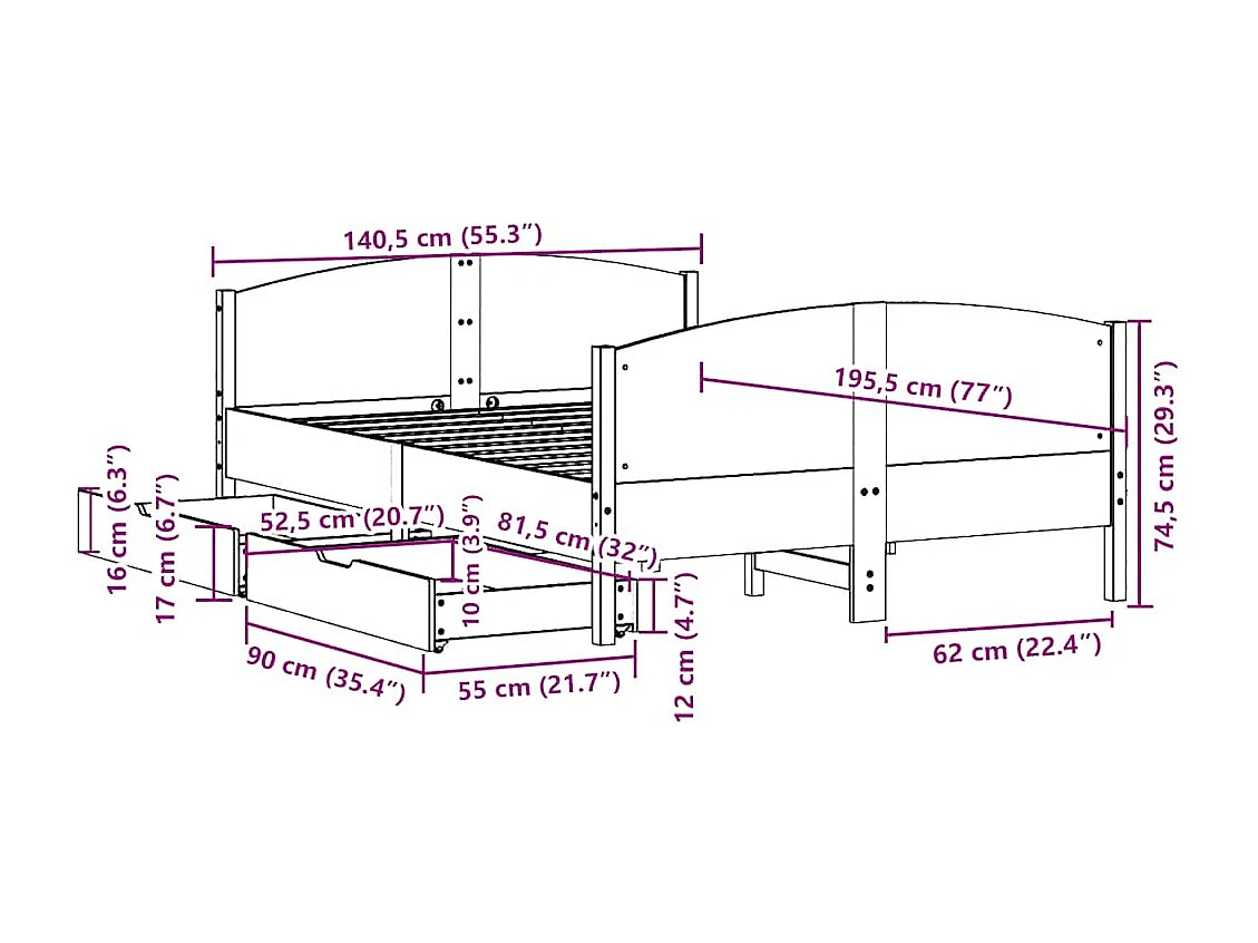 Estructura de cama sin colchón madera maciza de pino 135x190 cm
