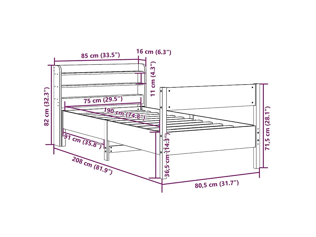 Bedframe zonder matras massief grenenhout 75x190 cm