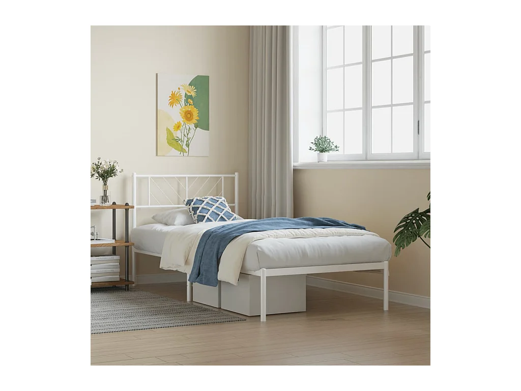 Cadre de lit métal sans matelas avec tête de lit blanc 75x190cm