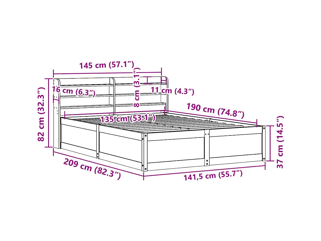 Estrutura cama c/ cabeceira 135x190 cm pinho maciço