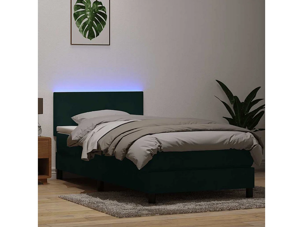 Letto a Molle con Materasso e LED Verde Scuro 80x220 cm Velluto