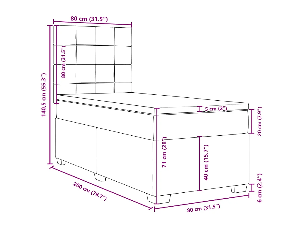 Cama box spring con colchón tela gris claro 80x200 cm