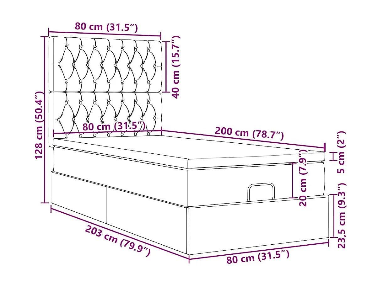 Ottomane Bett mit Matratze & LEDs Hellgrau 80x200 cm Stoff