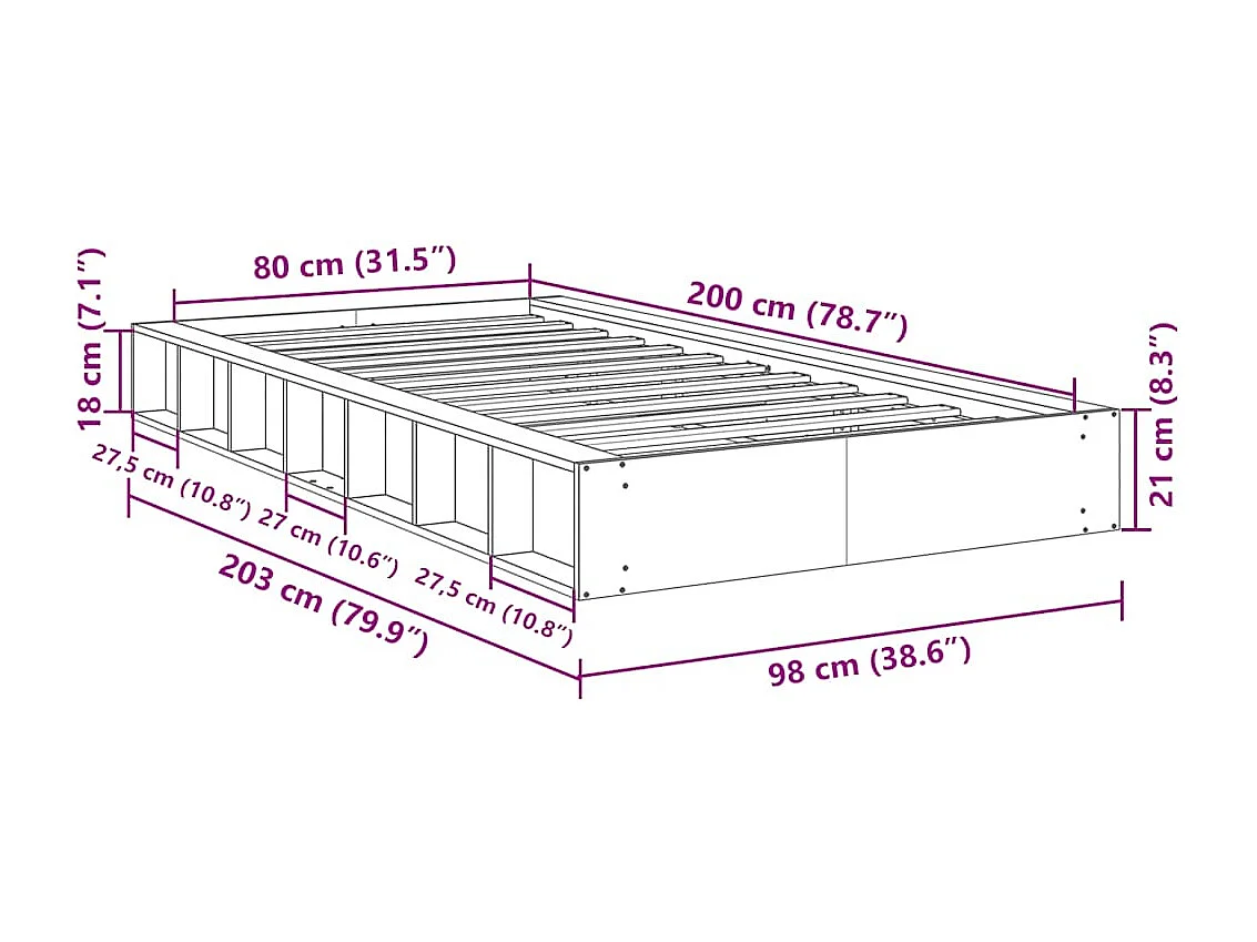 Cadre de lit sans matelas 80x200 cm bois massif de chêne