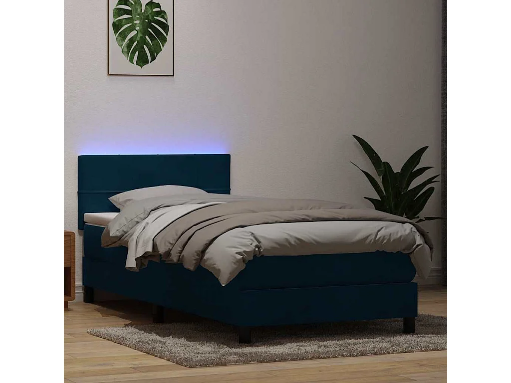 Sommier à lattes de lit et matelas et LED bleu foncé 80x220 cm velours