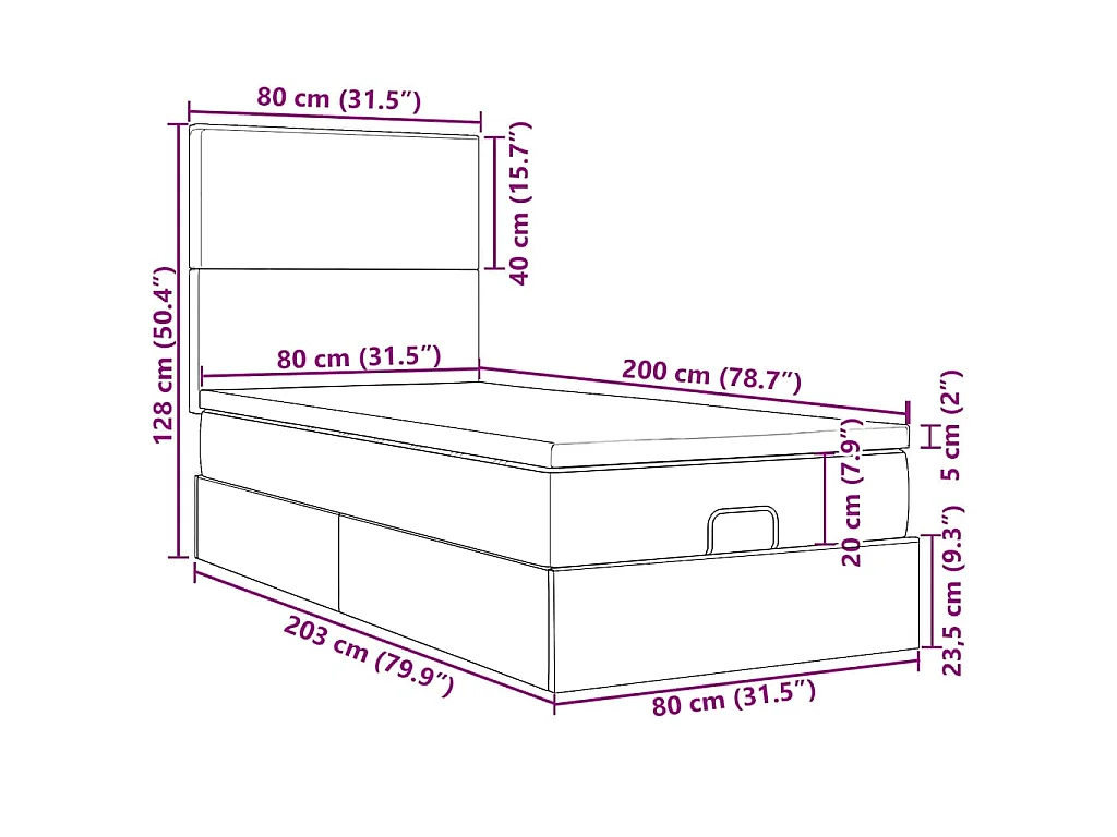 Cadre de lit ottoman avec matelas noir 80x200 cm tissu