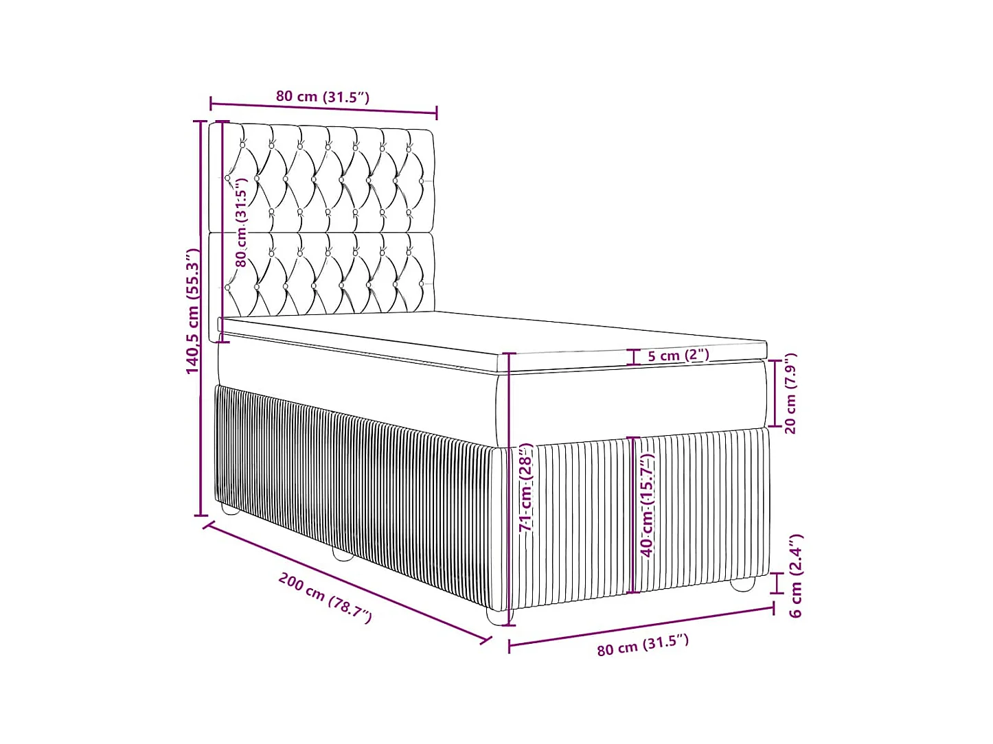 Cama box spring con colchón tela marrón oscuro 80x200 cm
