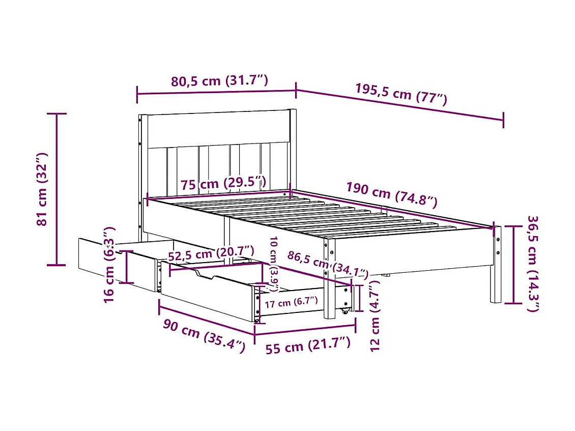 Cadre de lit sans matelas blanc 75x190 cm bois de pin massif