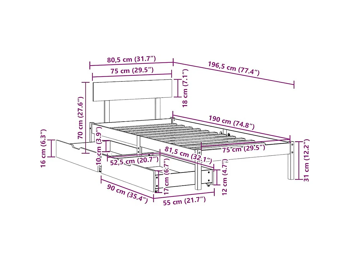 Cadre de lit sans matelas blanc 75x190 cm bois de pin massif