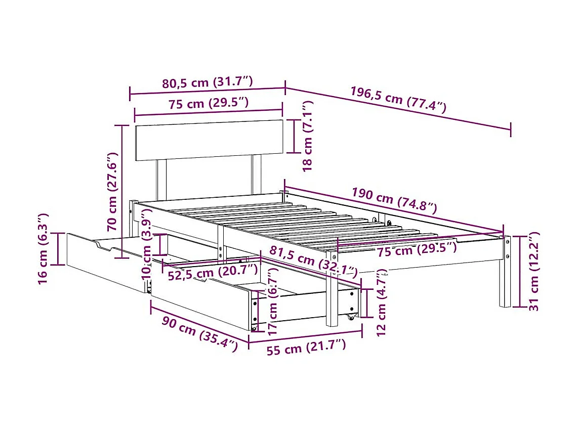 Massivholzbett ohne Matratze Weiß 75x190 cm Kiefernholz