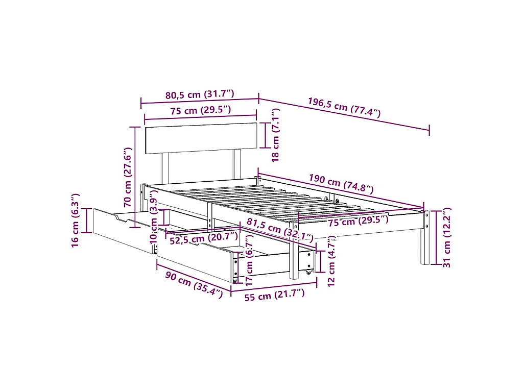 Cadre de lit sans matelas blanc 75x190 cm bois de pin massif