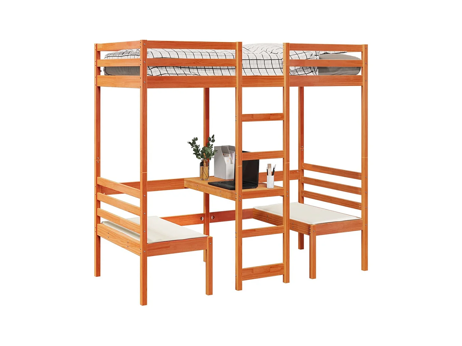 Lit mezzanine avec bureau et chaises brun cire 80x200 cm pin