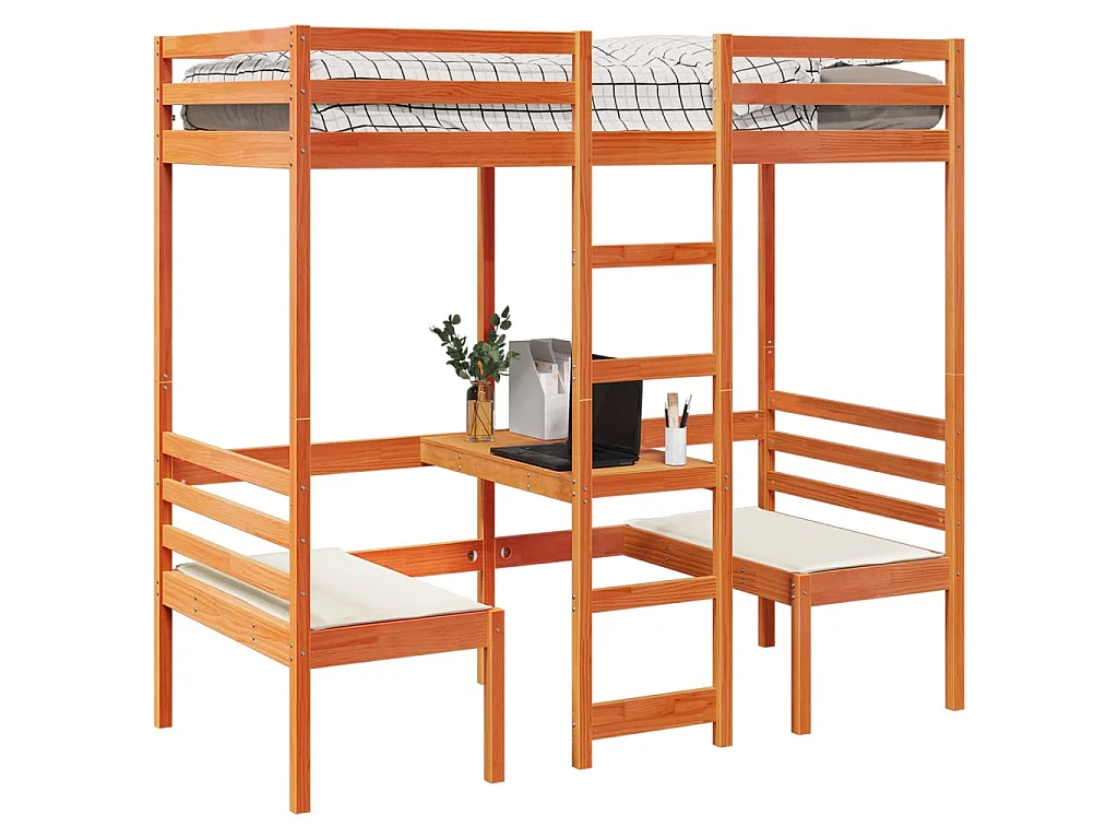 Lit mezzanine avec bureau et chaises brun cire 80x200 cm pin