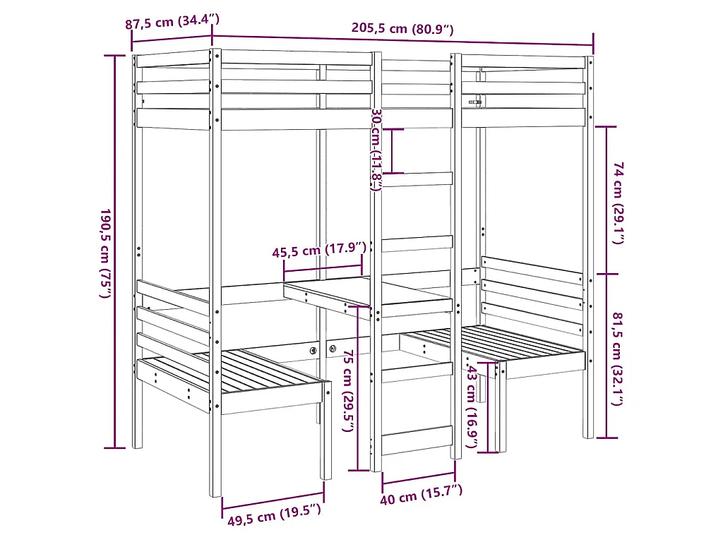 Lit mezzanine avec bureau et chaises brun cire 80x200 cm pin