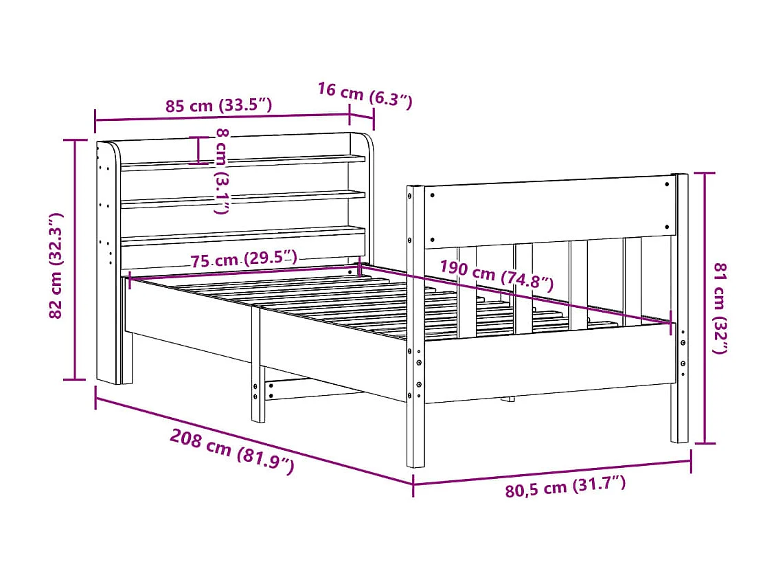 Bedframe zonder matras massief grenenhout wit 75x190 cm