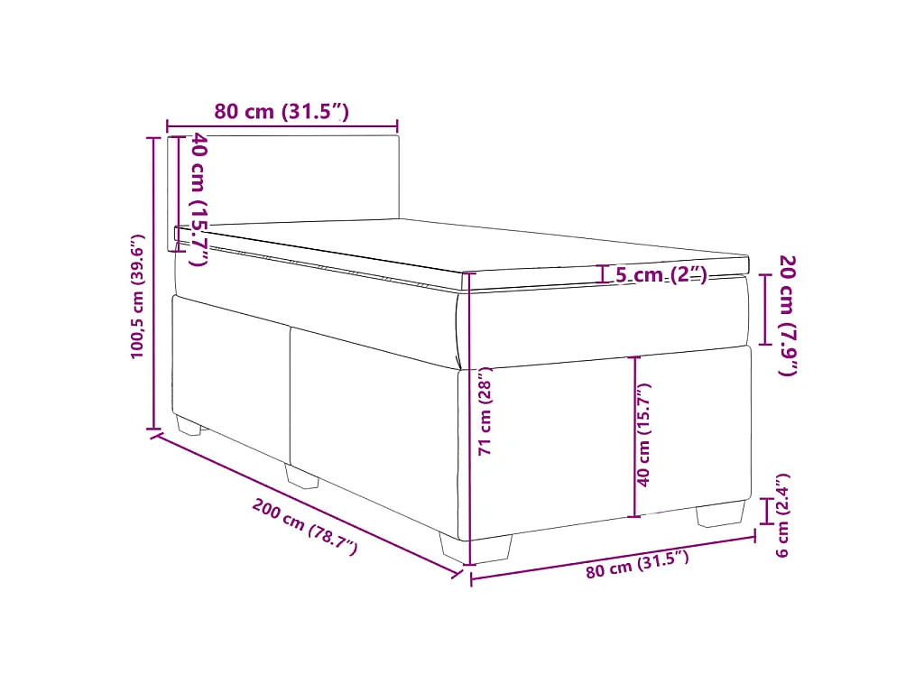Cama box spring con colchón terciopelo rosa 80x200 cm